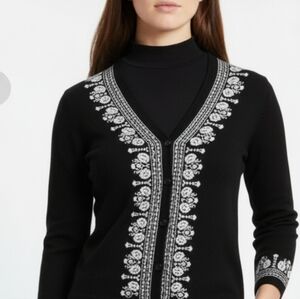 Cynthia Rowley Black Cotton Cardigan Sweater With White Embroidered Detail